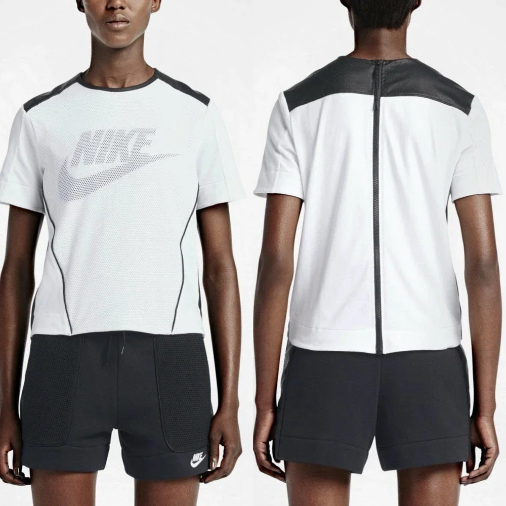 Nike Perforated Mesh Graphic Leather Zip Back White T-Shirt Size‎ US Medium